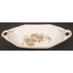 Vintage Hammersley Bone China Serving Dish Gold Chrysanthemum Handles VG